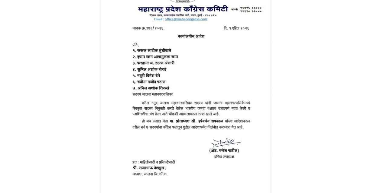 काँग्रेस पक्षाकडून जालना महानगरपालिकेतील ७ नगरसेवकांचे निलंबन.