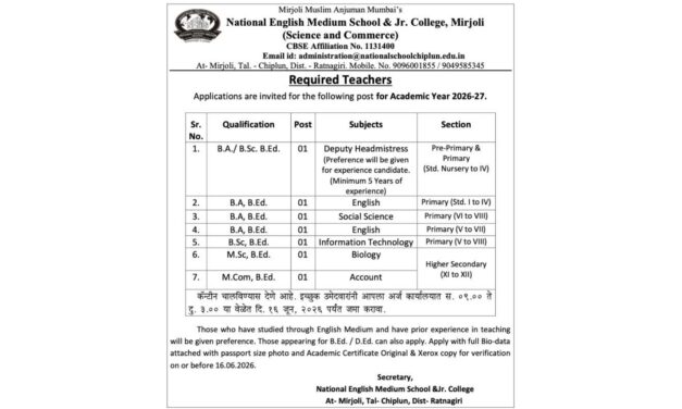 नॅशनल इंग्लिश मीडियम स्कूल व ज्युनिअर कॉलेज, मिरजोळी येथे शिक्षक भरती