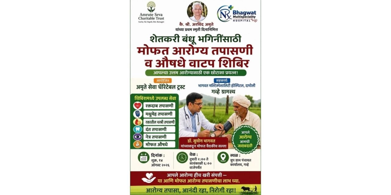 गव्हे येथे उद्या मोफत आरोग्य तपासणी व औषध वाटप शिबिर…
