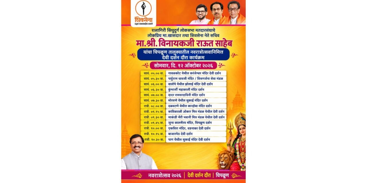 शिवसेना नेते विनायक राऊत यांचा आज चिपळूण तालुक्यात देवी दर्शन दौरा…