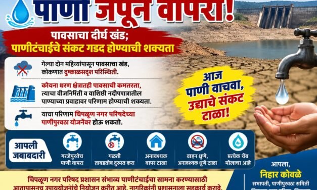 पाणीटंचाईचे संकट ओळखून पाण्याचा जपून वापर करा; निहार कोवळे यांचे नागरिकांना आवाहन…